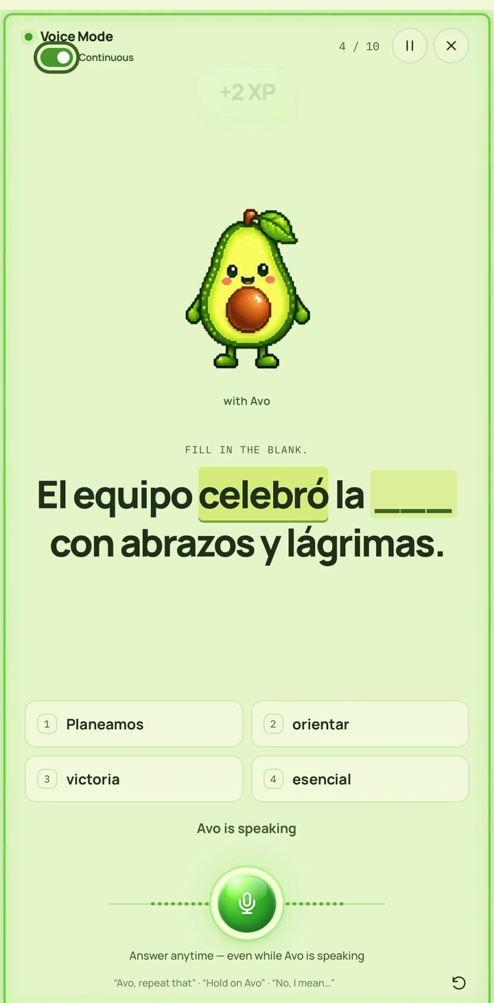 LSFR Voice Mode with Avo and a Spanish sentence prompt